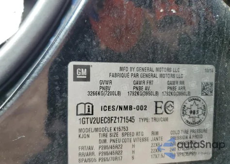 2015 GMC Sierra K1500 Sle из США, поврежденный, VIN 1GTV2UEC8FZ171545